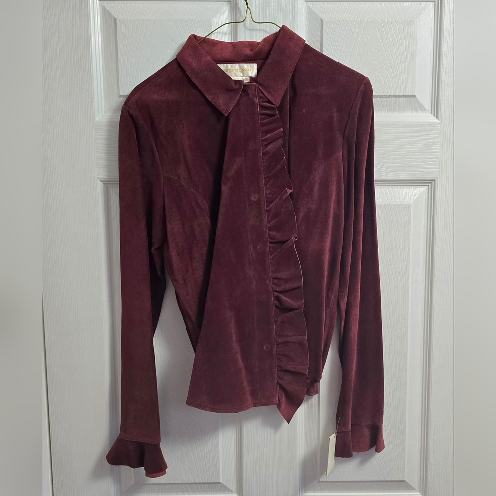 Margaret Godfrey Leather Shirt Jacket Womens Sz 10 Burgundy Ruffle Snap Button